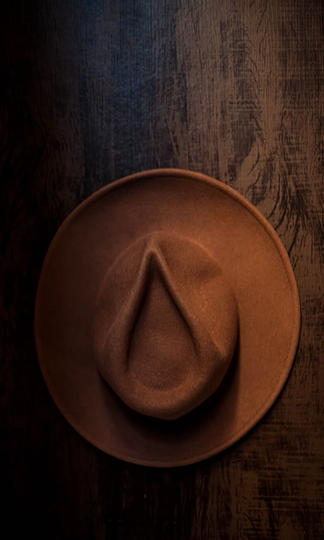 A brown wide-brim felt hat lying on dark timber boards.